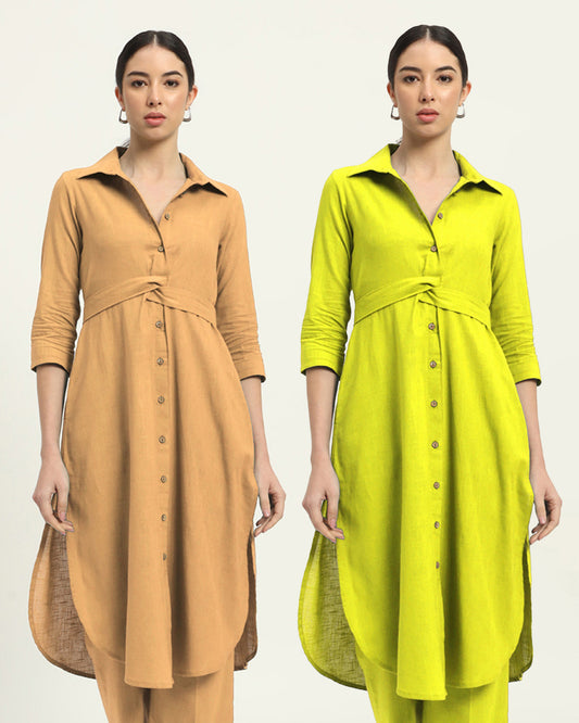 Combo: Beige & Burst Of Lime Bellisimo Belted Solid Kurta