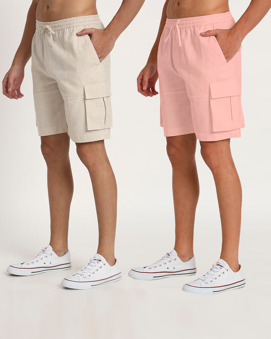 Combo : Slub Comfort Cargo Shorts Beige & Fondant Pink Men's Shorts