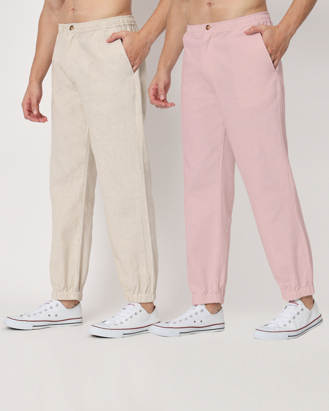 Combo: Beige & Fondant Pink Jog Men's Pants - Set of 2