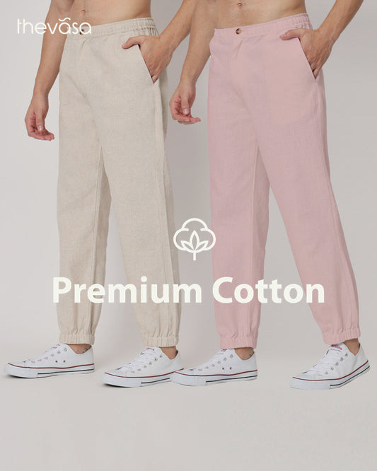 Combo: Beige & Fondant Pink Jog Men's Pants - Set of 2