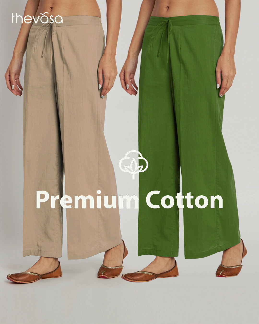 Combo: Beige & Greening Spring Wide Pants- Set Of 2