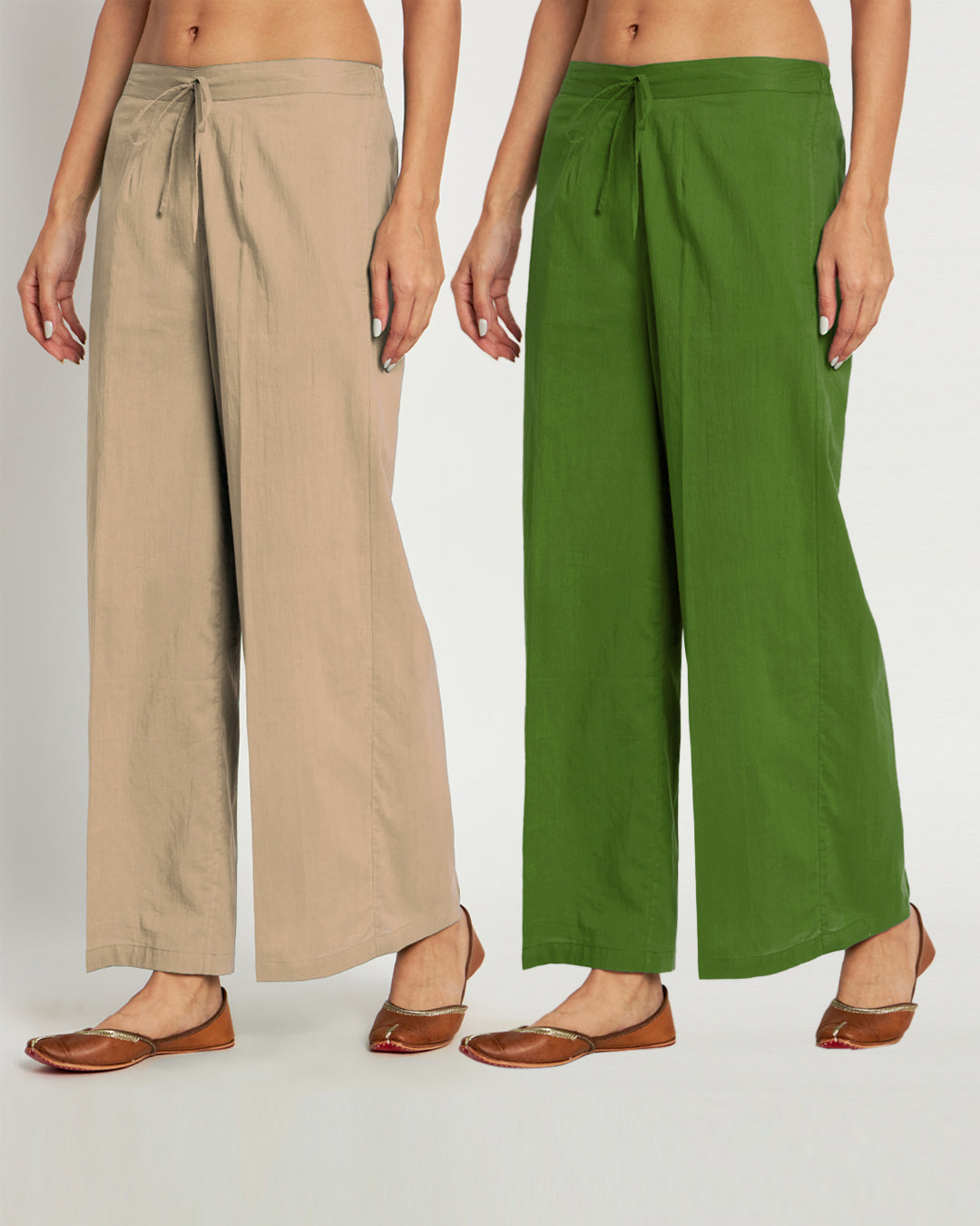 Combo: Beige & Greening Spring Wide Pants- Set Of 2