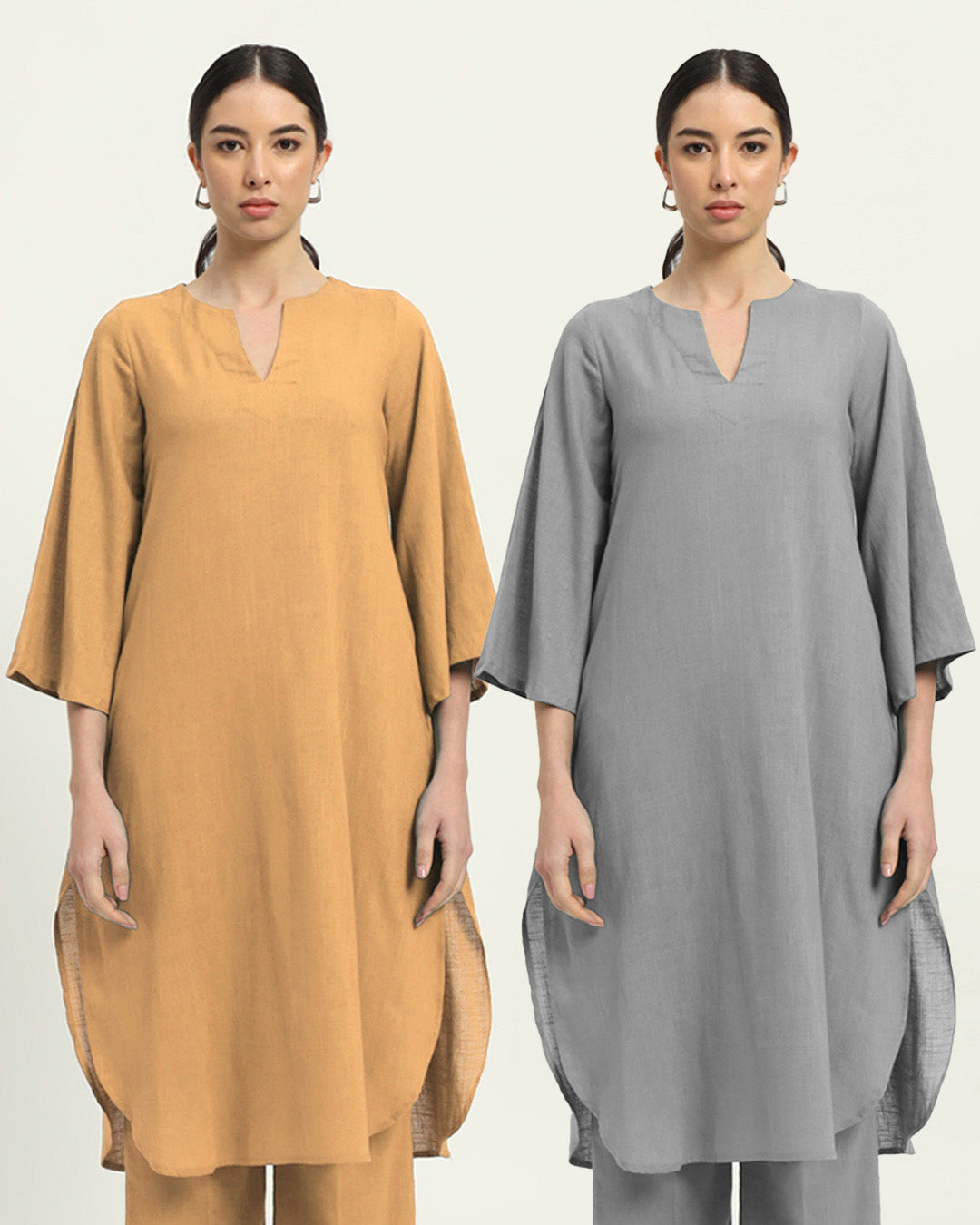 Combo: Beige & Iced Grey Rounded Reverie Solid Kurta