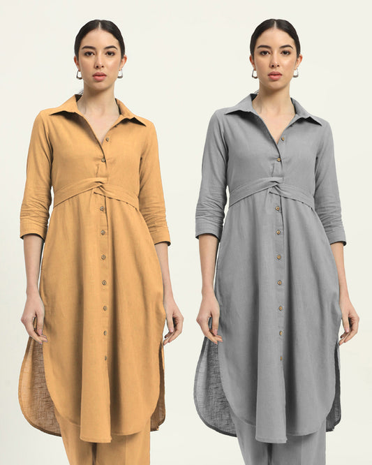 Combo: Beige & Iced Grey Bellisimo Belted Solid Kurta