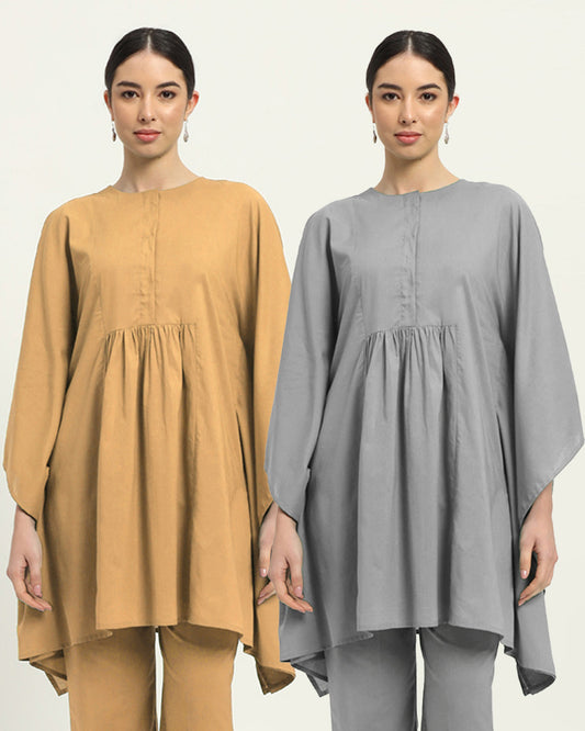 Combo: Beige & Iced Grey Kaftan Karess Solid Kurta