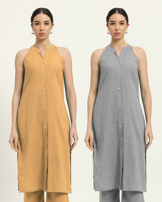 Combo: Beige & Iced Grey Mermaid Button Down Solid Kurta