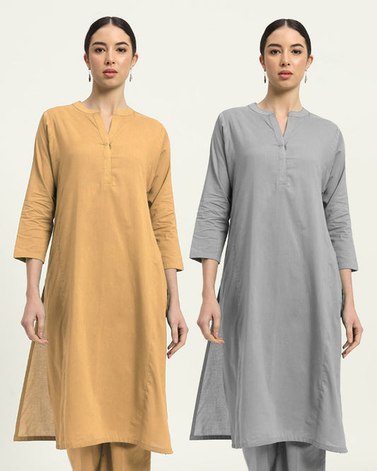 Combo: Beige & Iced Grey Everyday Bliss Notch Neck Solid Kurta