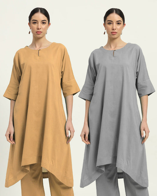 Combo: Beige & Iced Grey Flare & Flow Boat Neck Solid Kurta