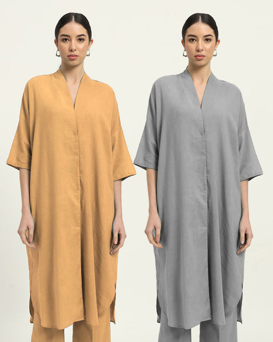 Combo: Beige & Iced Grey Serene Sojourn V Neck Solid Kurta