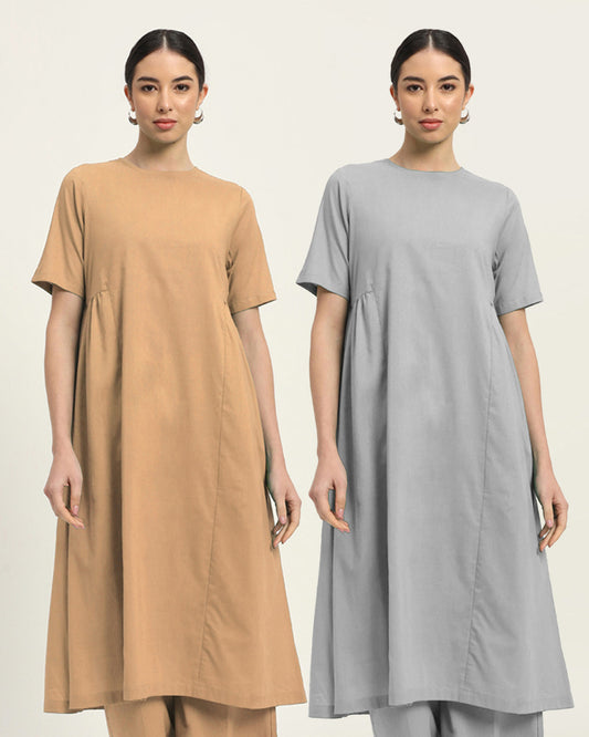 Combo: Beige & Iced Grey Flare Elegance Kurta