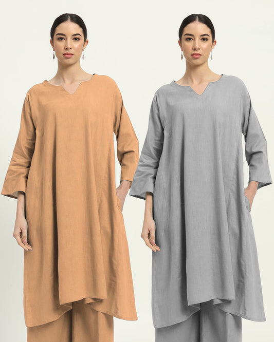 Combo: Beige & Iced Grey Royal Resonance Kalidar Solid Kurta