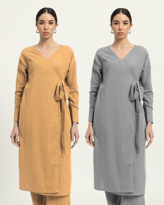 Combo: Beige & Iced Grey Ribbon Wrap Solid Kurta