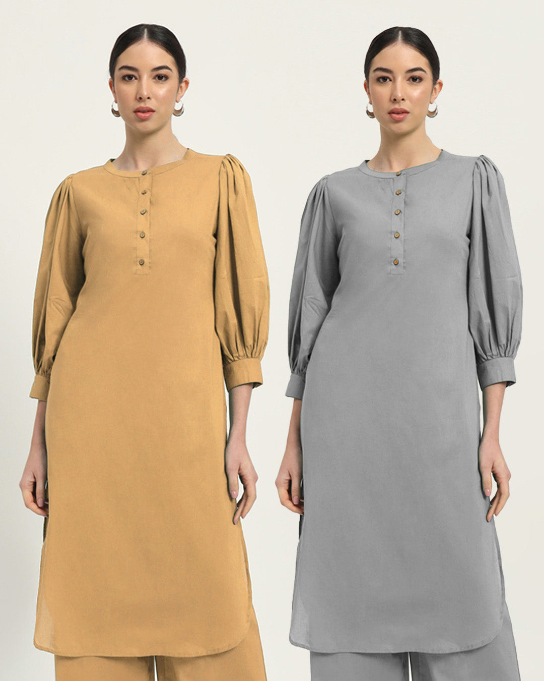 Combo: Beige & Iced Grey Balloon Breeze Pot Neck Solid Kurta