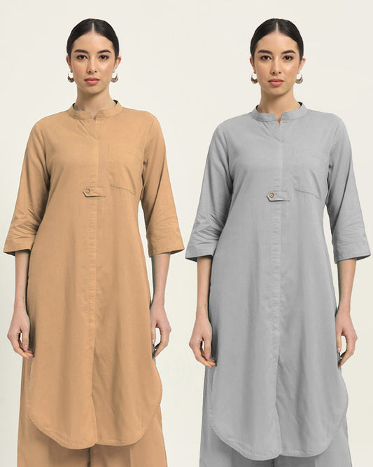 Combo: Beige & Iced Grey Urban Retreat Band Collar Kurta