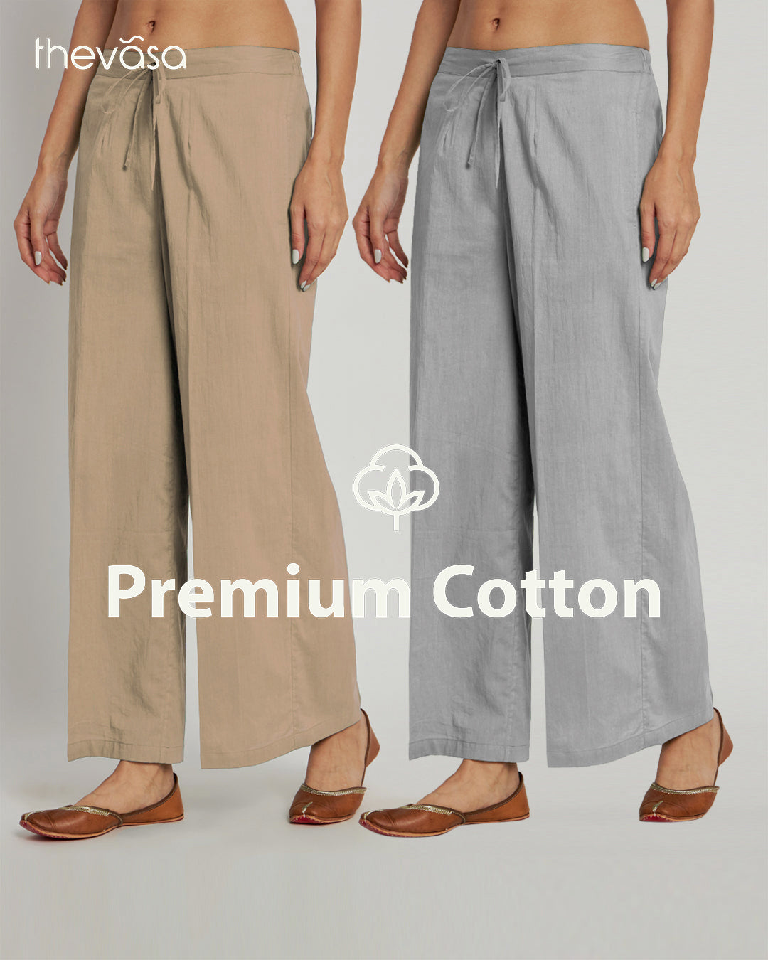 Combo: Beige & Iced Grey Wide Pants- Set Of 2