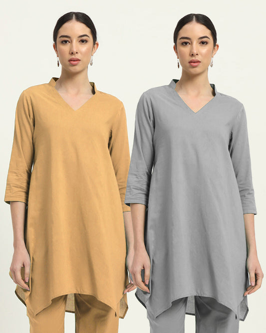 Combo: Beige & Iced Grey Fresh Fusion Collar V Solid Kurta