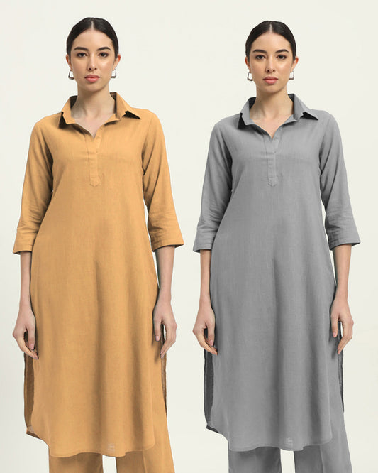 Combo: Beige & Iced Grey Collar Comfort Solid Kurta