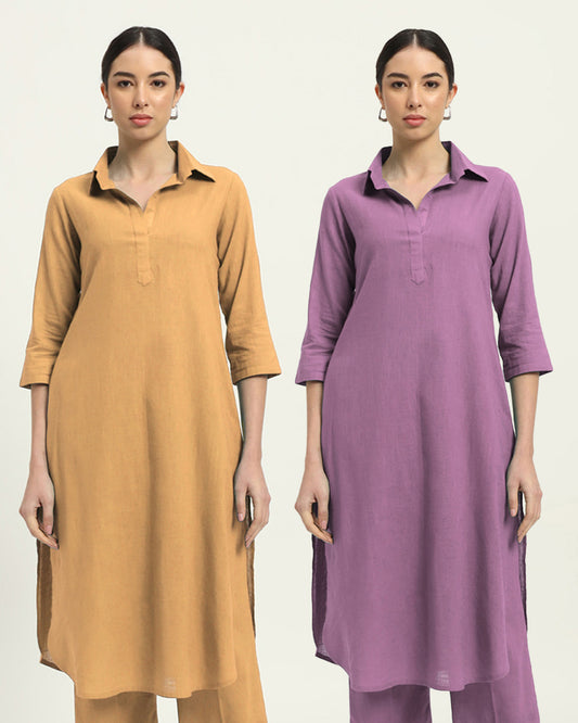 Combo: Beige & Iris Pink Collar Comfort Solid Kurta