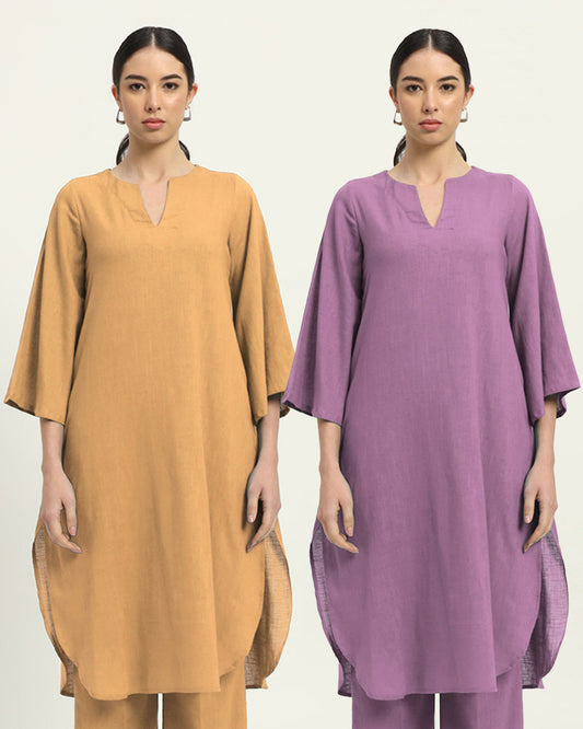 Combo: Beige & Iris Pink Rounded Reverie Solid Kurta