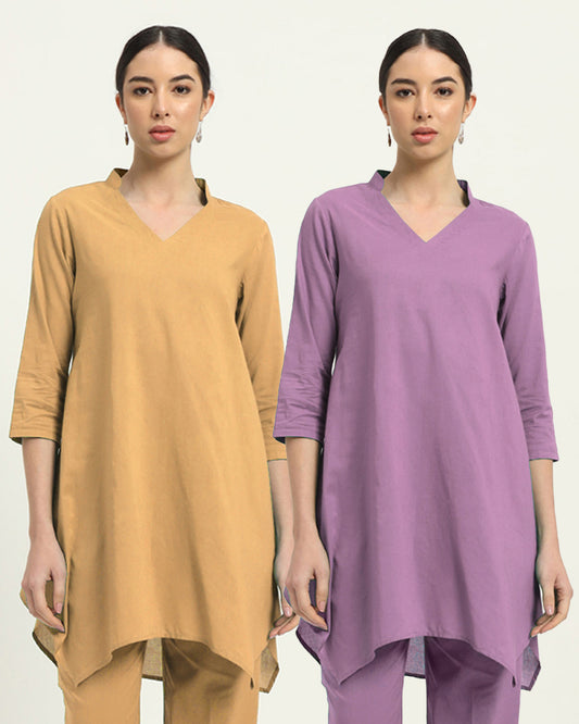 Combo: Beige & Iris Pink Fresh Fusion Collar V Solid Kurta