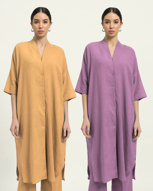 Combo: Beige & Iris Pink Serene Sojourn V Neck Solid Kurta