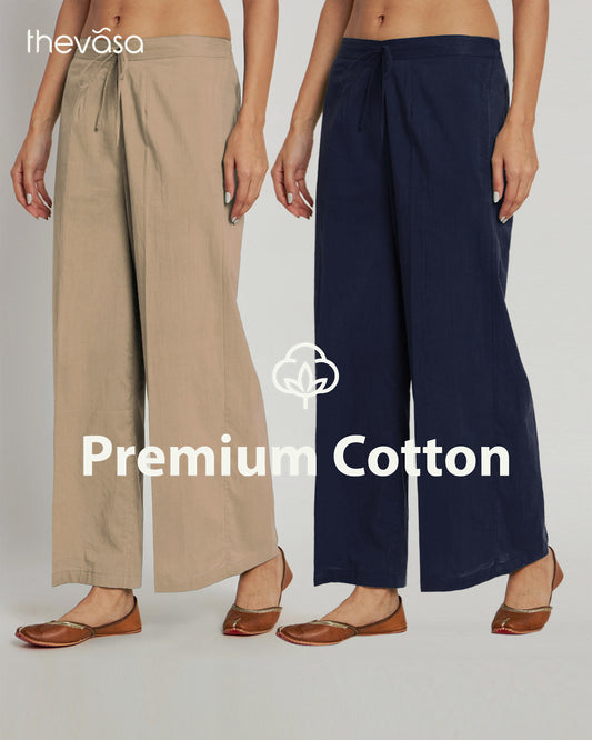 Combo: Beige & Midnight Blue Wide Pants- Set Of 2