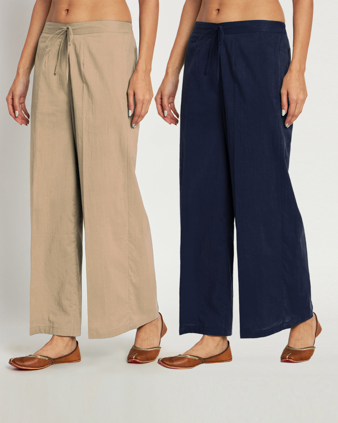 Combo: Beige & Midnight Blue Wide Pants- Set Of 2