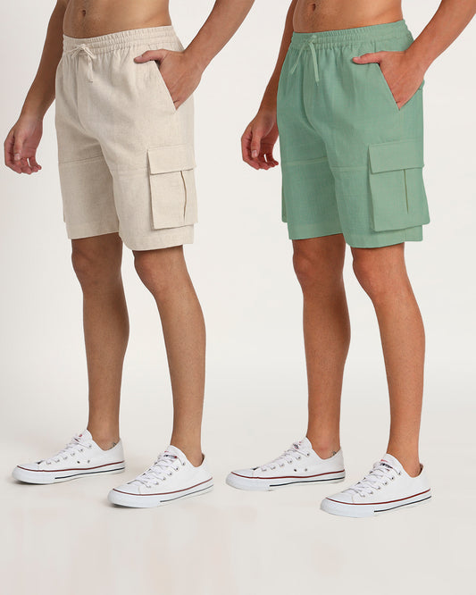 Combo : Slub Comfort Cargo Shorts Beige & Spring Green Men's Shorts