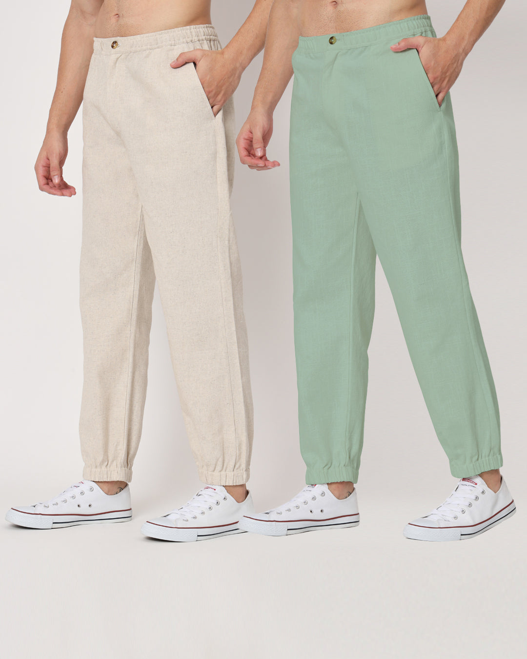 Combo: Beige & Spring Green Jog Men's Pants - Set of 2