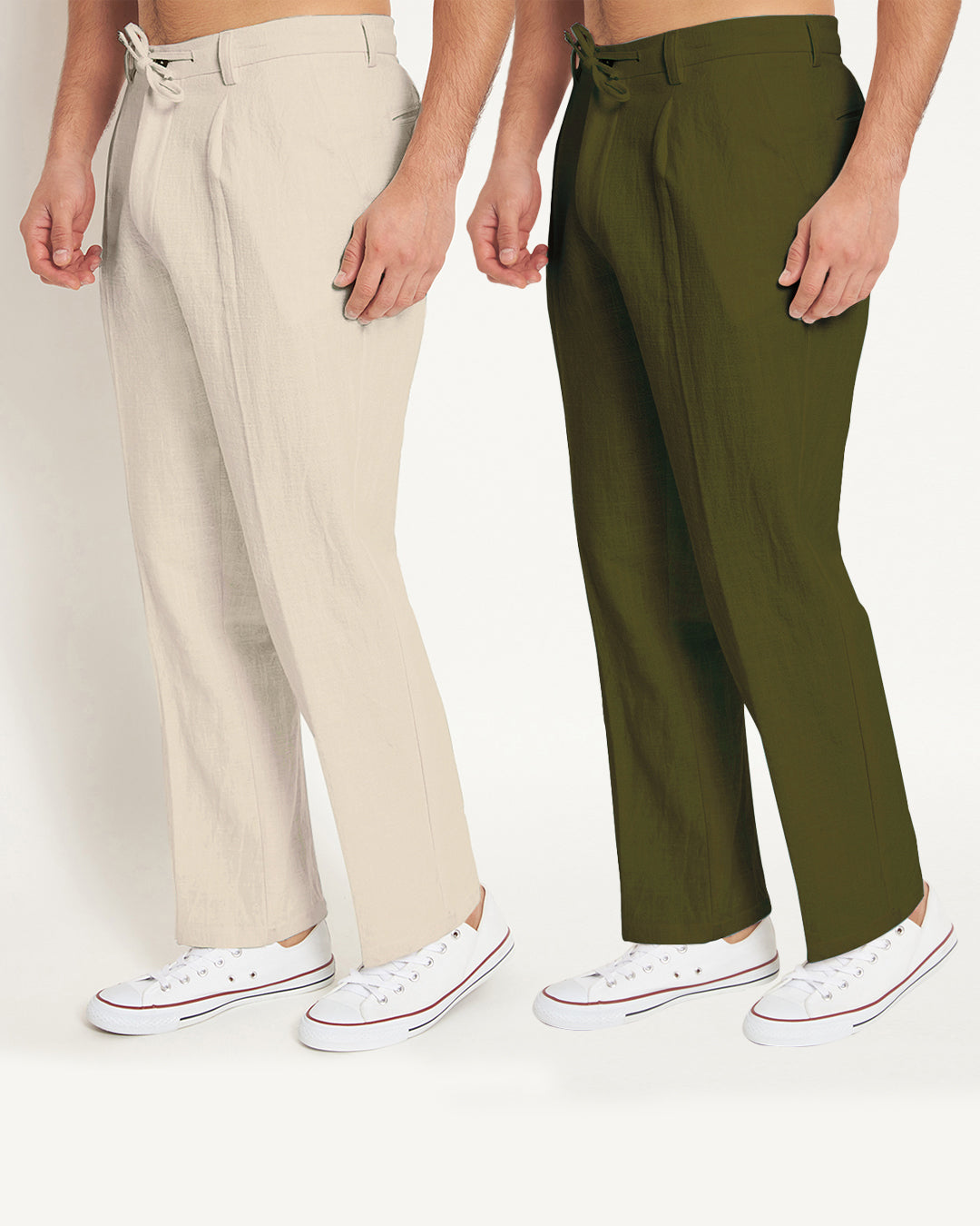 Combo: Casual Ease Beige & Olive Green Men's Pants - Set of 2
