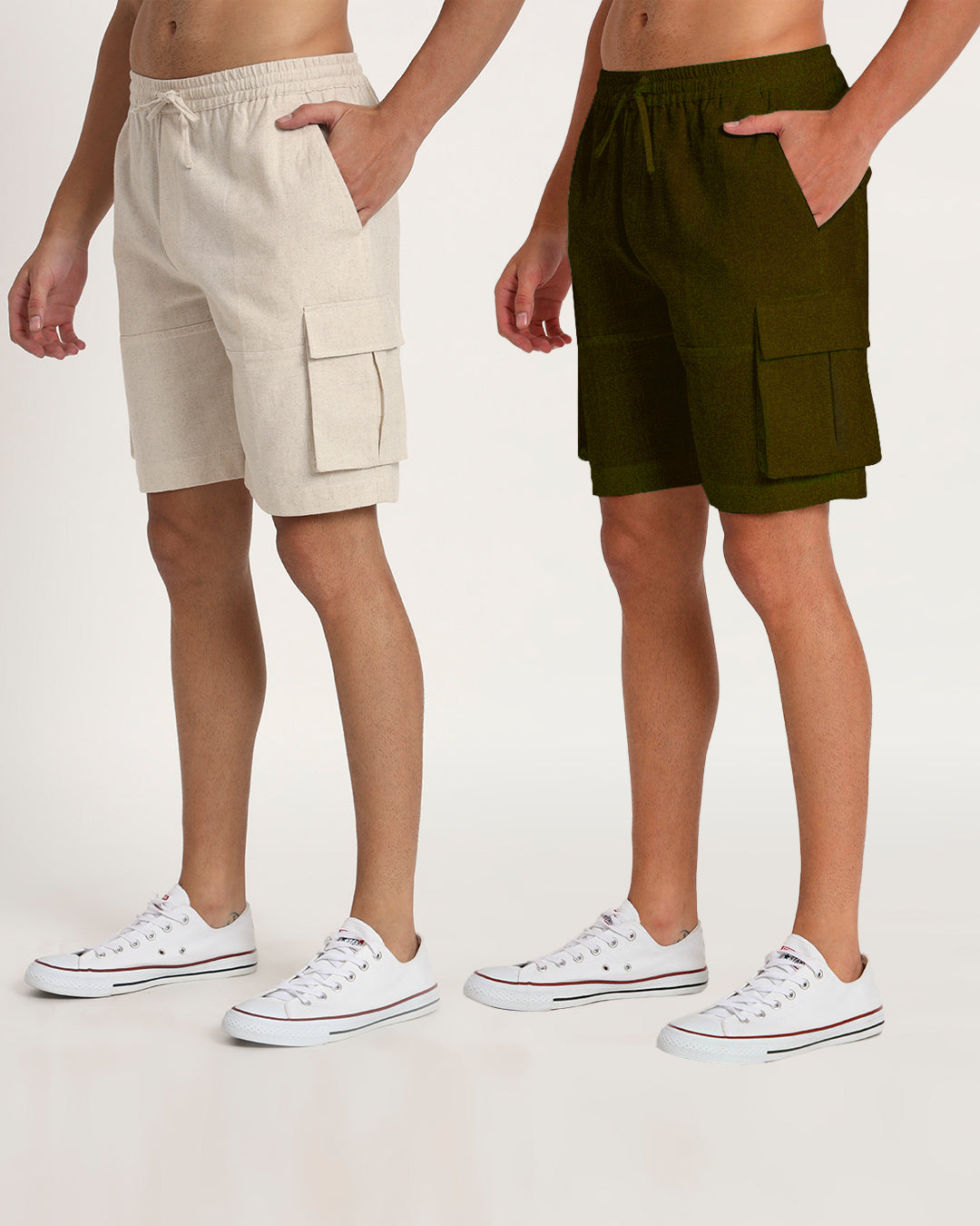 Combo : Slub Comfort Cargo Shorts Beige & Olive Green Men's Shorts