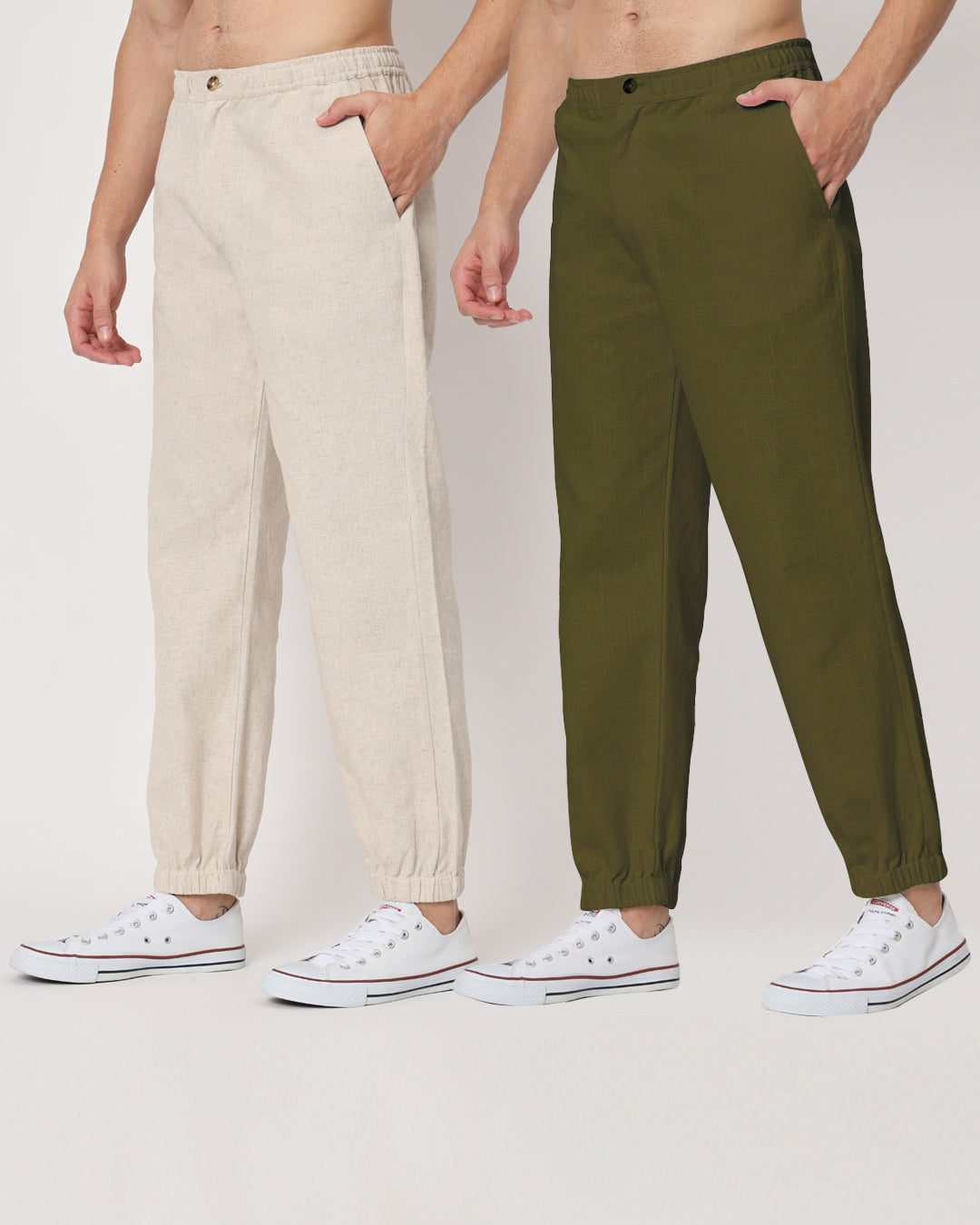 Combo: Beige & Olive Green Jog Men's Pants - Set of 2