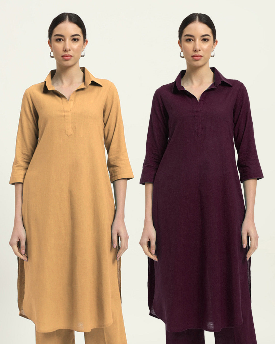 Combo: Beige & Plum Passion Collar Comfort Solid Kurta