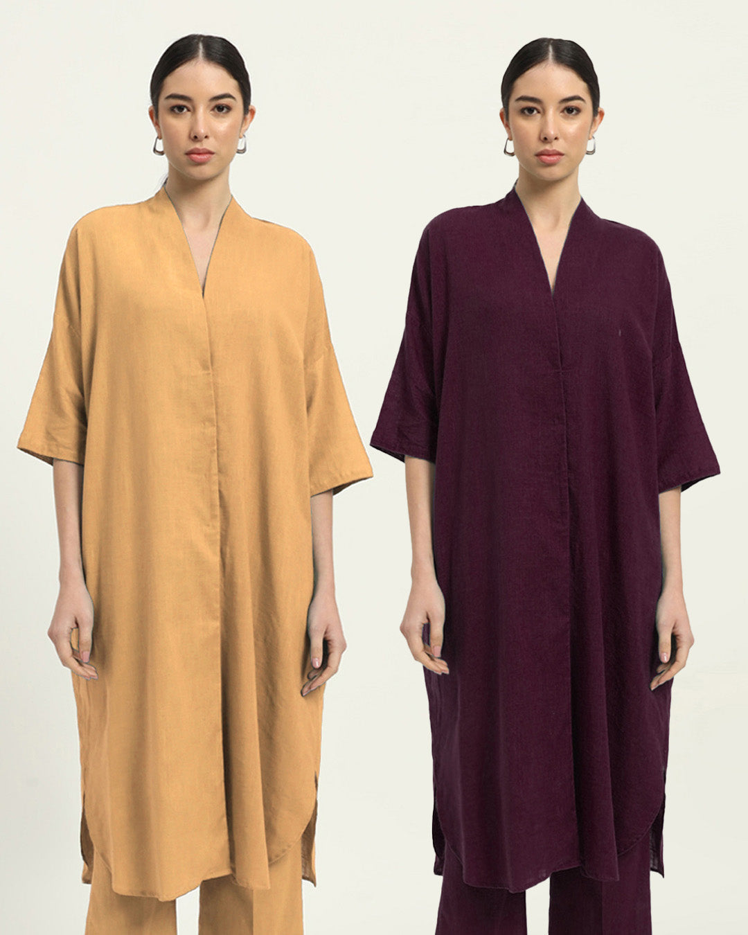 Combo: Beige & Plum Passion Serene Sojourn V Neck Solid Kurta