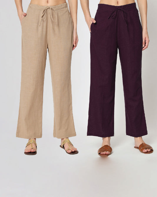 Combo: Beige & Plum Passion Straight Pants- Set of 2