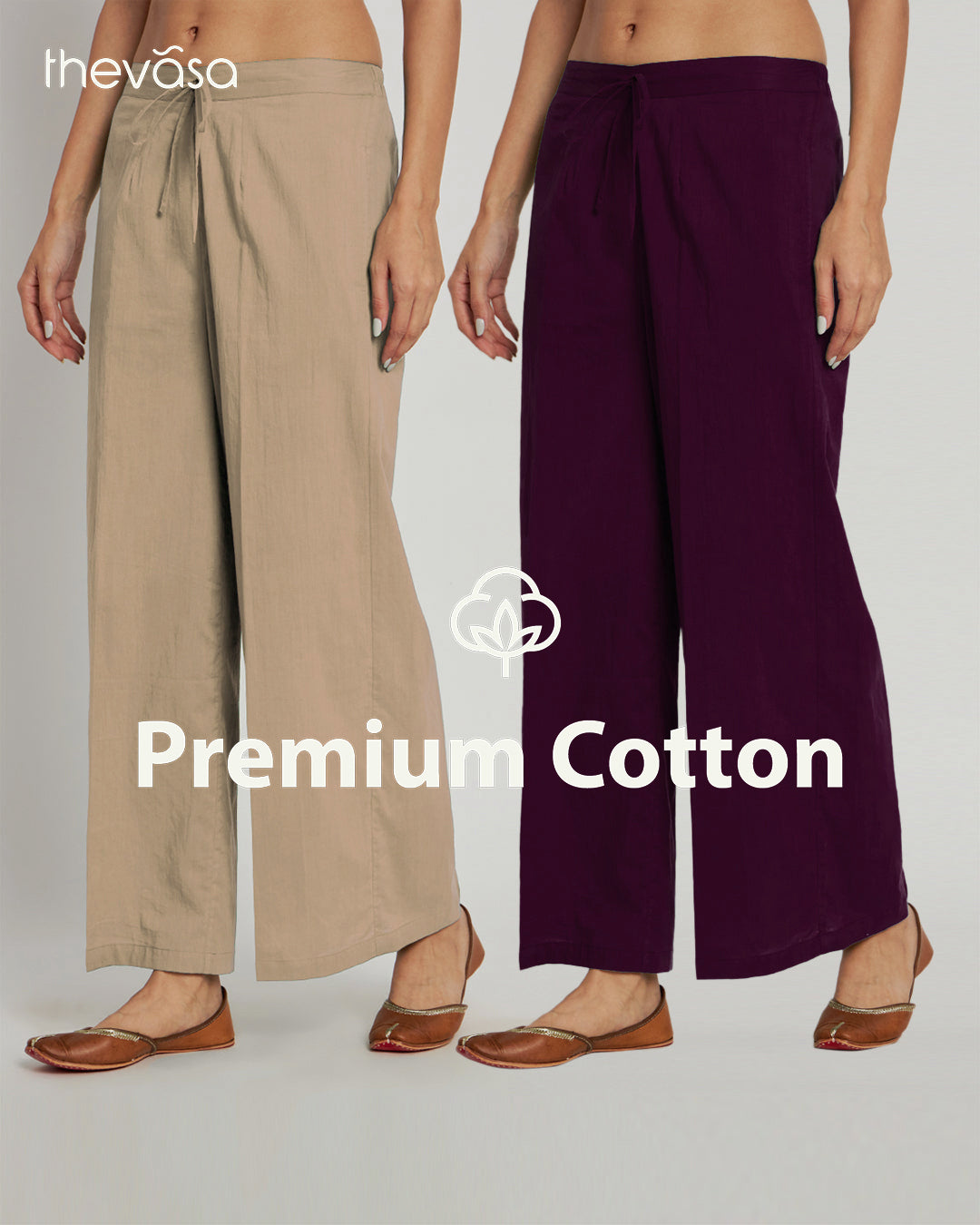 Combo: Beige & Plum Passion Wide Pants- Set Of 2