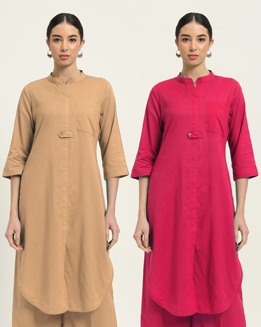 Combo: Beige & Queen's Gulabi Urban Retreat Band Collar Kurta