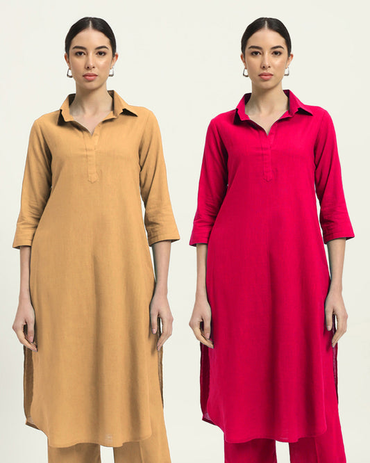 Combo: Beige & Queens Gulabi Collar Comfort Solid Kurta