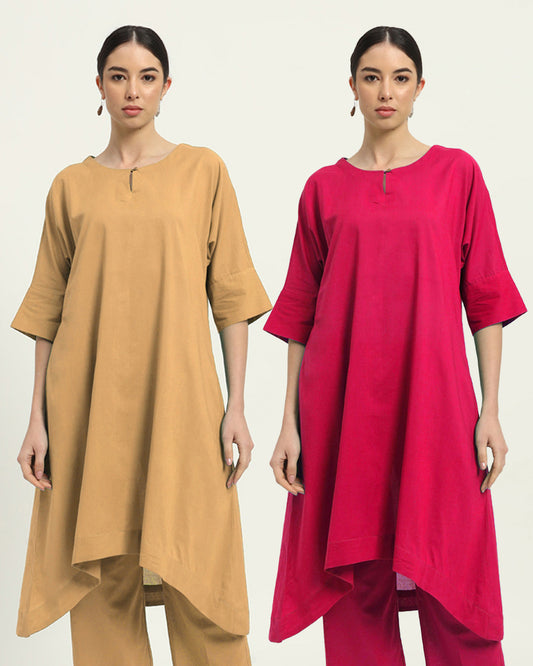 Combo: Beige & Queens Gulabi Flare & Flow Boat Neck Solid Kurta