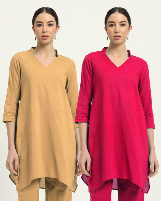 Combo: Beige & Queens Gulabi Fresh Fusion Collar V Solid Kurta