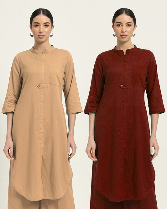 Combo: Beige & Russet Red Urban Retreat Band Collar Kurta