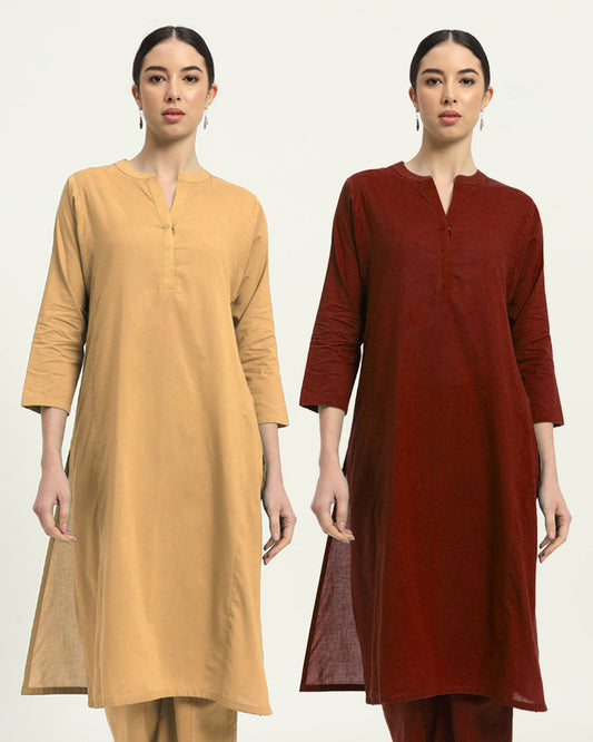 Combo: Beige & Russet Red Everyday Bliss Notch Neck Solid Kurta