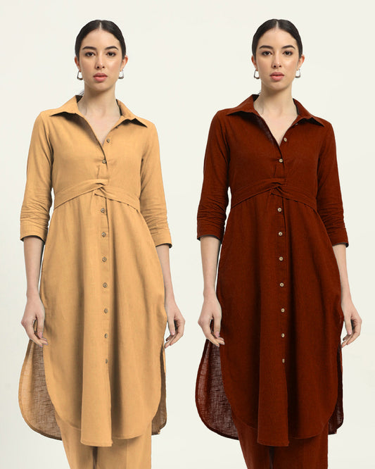 Combo: Beige & Russet Red Bellisimo Belted Solid Kurta