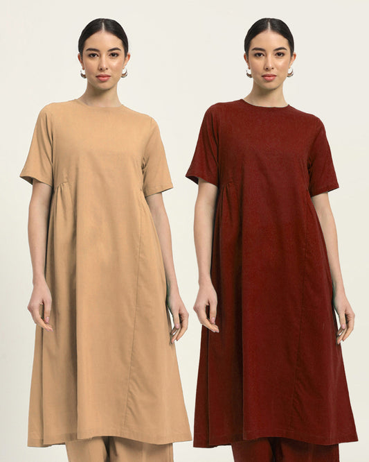 Combo: Beige & Russet Red Flare Elegance Kurta