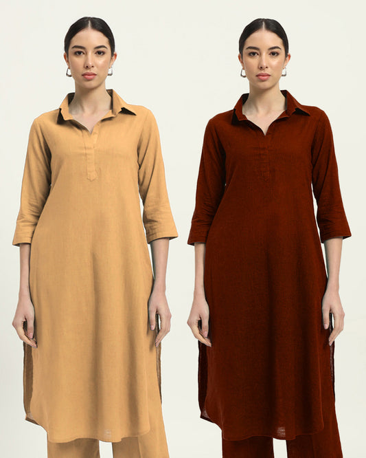 Combo: Beige & Russet Red Collar Comfort Solid Kurta