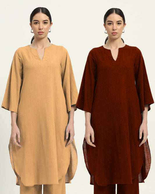 Combo: Beige & Russet Red Rounded Reverie Solid Kurta