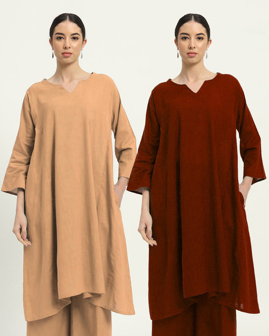 Combo: Beige & Russet Red Royal Resonance Kalidar Solid Kurta