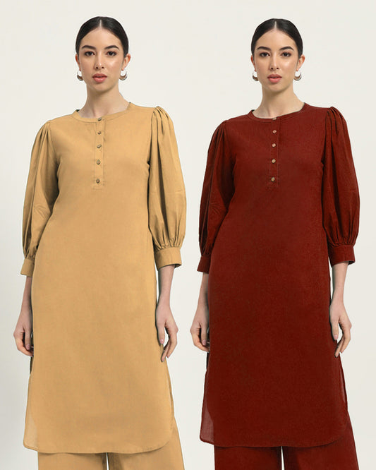 Combo: Beige & Russet Red Balloon Breeze Pot Neck Solid Kurta