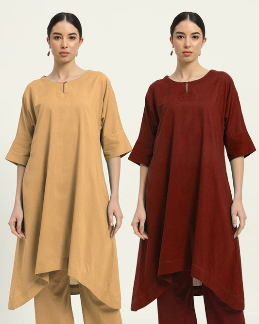 Combo: Beige & Russet Red Flare & Flow Boat Neck Solid Kurta