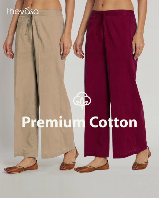 Combo: Beige & Russet Red Wide Pants- Set Of 2